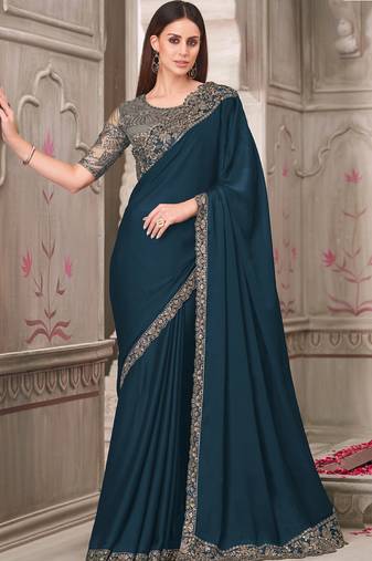 turquoise embroidered party wear saree