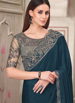 turquoise embroidered party wear saree 2