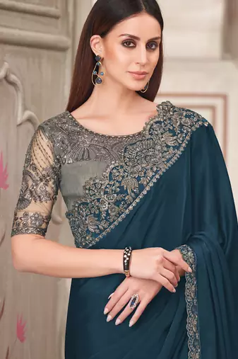 turquoise embroidered party wear saree