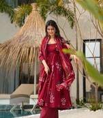 Maroon Handblock Printed Anarkali Kurta Set with Dupatta
