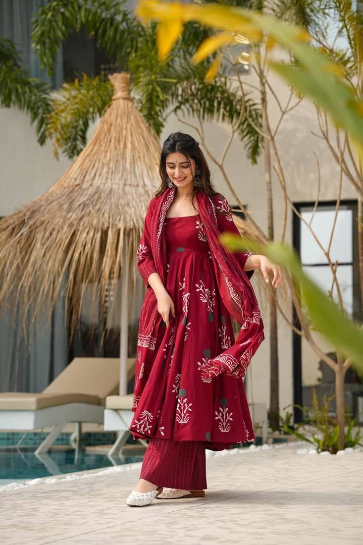 Maroon Handblock Printed Anarkali Kurta Set with Dupatta