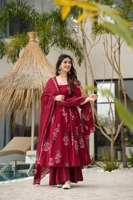 Maroon Handblock Printed Anarkali Kurta Set with Dupatta 5