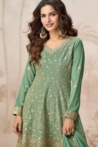Pastel green geogette full stitched suit upto 42
