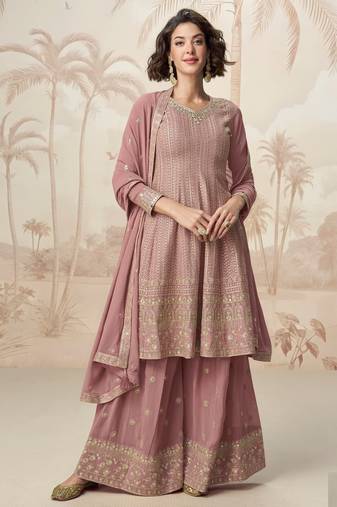 Rose pink geogette full stitched suit upto 42