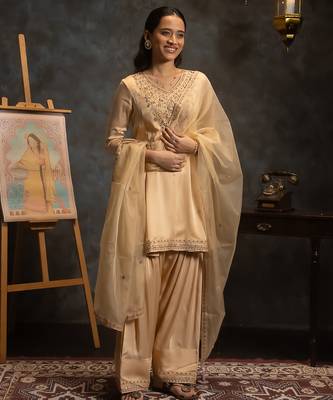 Beige embroidered satin kurta set 1