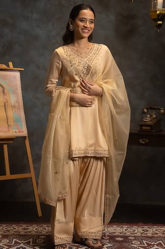 Beige embroidered satin kurta set