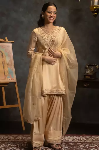 Beige embroidered satin kurta set