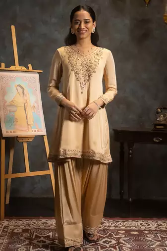 Beige embroidered satin kurta set