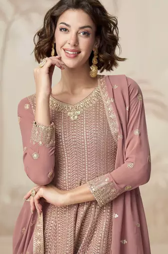 Rose pink geogette full stitched suit upto 42