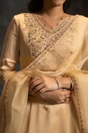 Beige embroidered satin kurta set