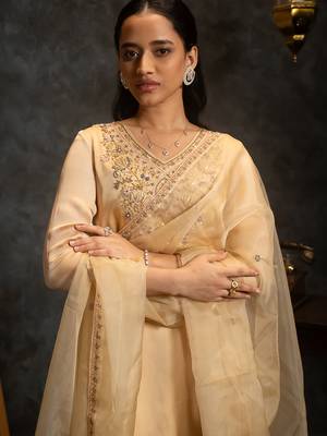 Beige embroidered satin kurta set 4