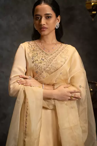 Beige embroidered satin kurta set