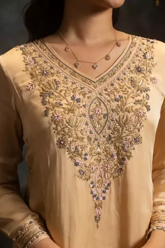 Beige embroidered satin kurta set
