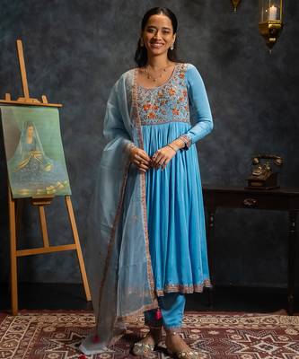 Blue embroidered satin anarkali set 1