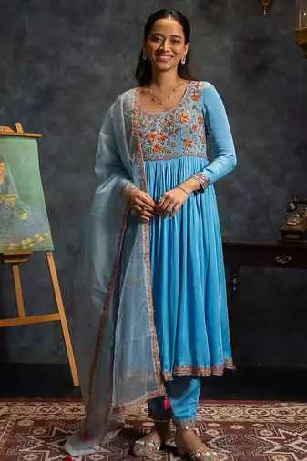 Blue embroidered satin anarkali set