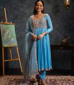 Blue embroidered satin anarkali set