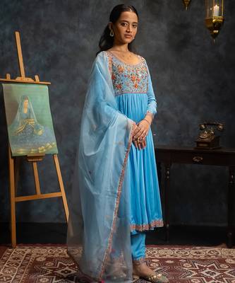 Blue embroidered satin anarkali set 2