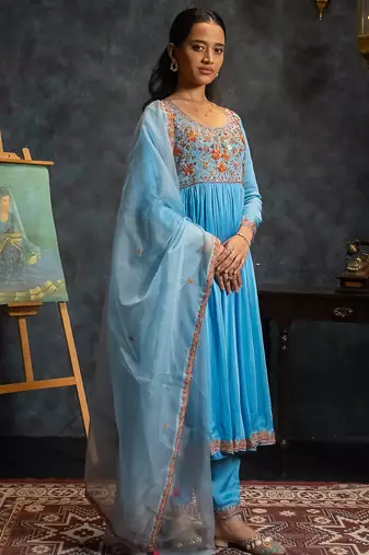 Blue embroidered satin anarkali set