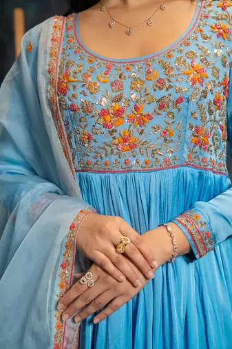 Blue embroidered satin anarkali set