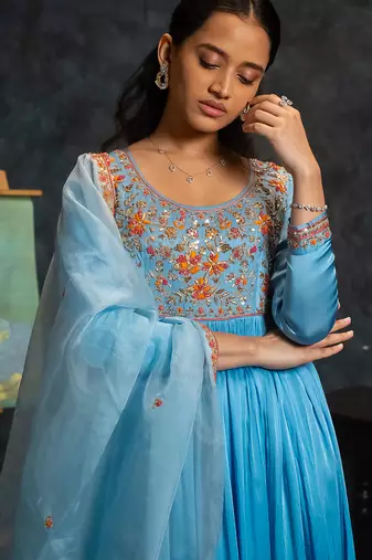 Blue embroidered satin anarkali set