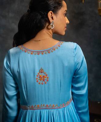 Blue embroidered satin anarkali set 5