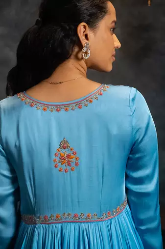 Blue embroidered satin anarkali set