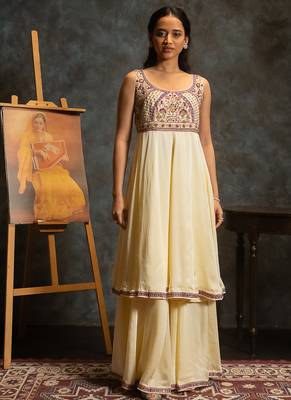 Ivory embroidered satin anarkali set 1