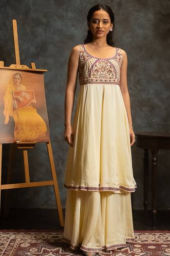 Ivory embroidered satin anarkali set