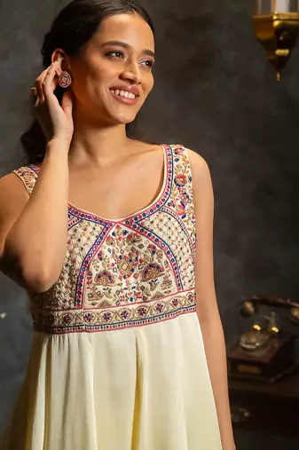 Ivory embroidered satin anarkali set