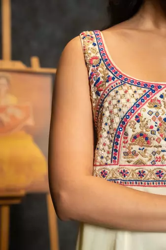 Ivory embroidered satin anarkali set
