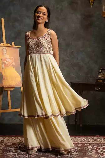 Ivory embroidered satin anarkali set
