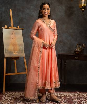 Peach embroidered silk anarkali set 1