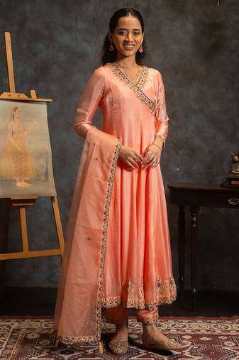 Peach embroidered silk anarkali set