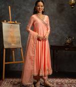 Peach embroidered silk anarkali set