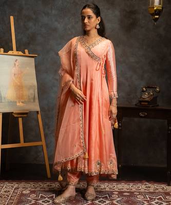 Peach embroidered silk anarkali set 2