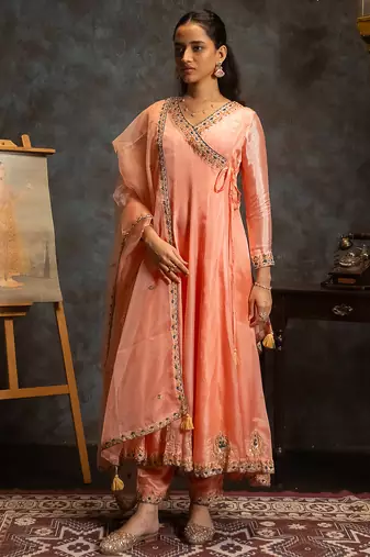 Peach embroidered silk anarkali set