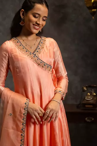 Peach embroidered silk anarkali set