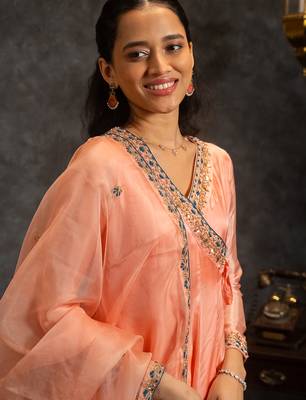 Peach embroidered silk anarkali set 4