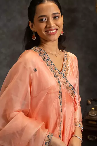 Peach embroidered silk anarkali set
