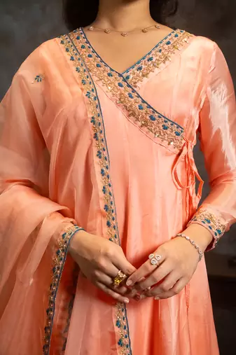 Peach embroidered silk anarkali set