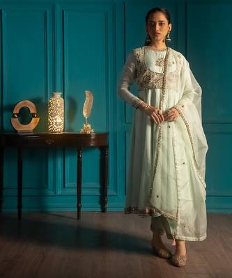 Green embroidered silk anarkali set 1