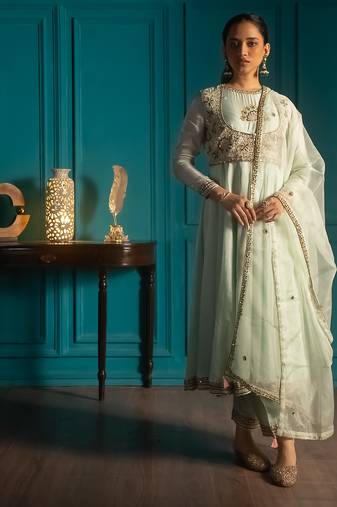 Green embroidered silk anarkali set