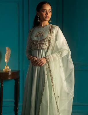 Green embroidered silk anarkali set 2