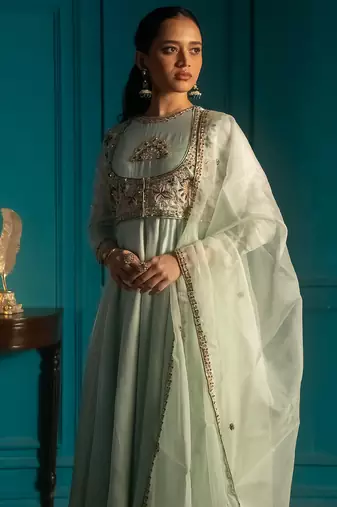 Green embroidered silk anarkali set