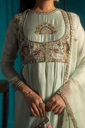 Green embroidered silk anarkali set