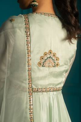 Green embroidered silk anarkali set 4