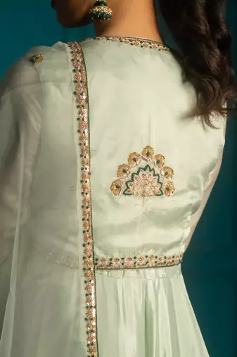 Green embroidered silk anarkali set