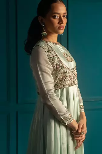 Green embroidered silk anarkali set