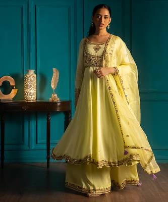 Lime embroidered satin anarkali set 1