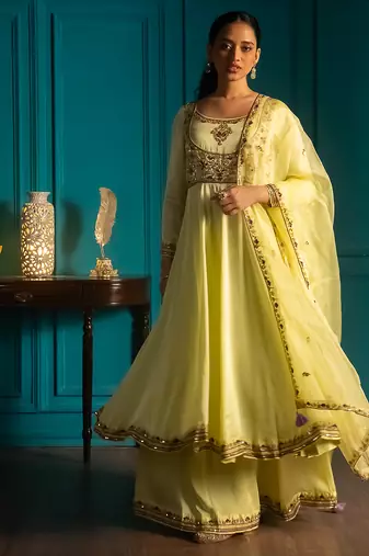 Lime embroidered satin anarkali set